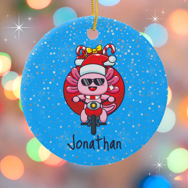 Cute Axolotl Riding a Motorcycle with Santa Hat Ceramic Ornament | Zazzle