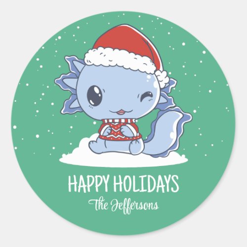 Cute Axolotl Santa Christmas Snowy Winter Holiday Classic Round Sticker