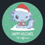 Cute Axolotl Santa Christmas Snowy Winter Holiday Classic Round Sticker<br><div class="desc">Cute party favors for kids,  boys or girls who love animals. Perfect for Christmas gift,  kids birthday party,  party favors and thank you label. You can customize the text for any occasion.</div>