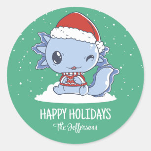 Cute Axolotl Santa Christmas Snowy Winter Holiday Classic Round Sticker
