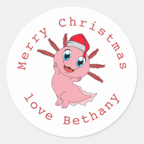 Cute Axolotl Santa Name Merry Christmas Classic Round Sticker