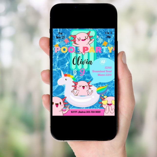 Cute Axolotl Summer Pool Party Invitation (Front Digital)