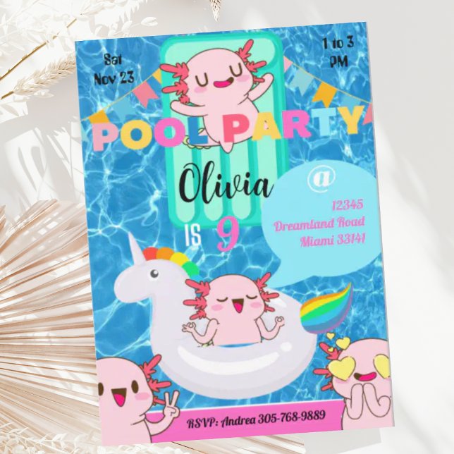 Cute Axolotl Summer Pool Party Invitation (Creator Uploaded)