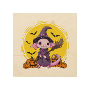 Cute Axolotl Witch Halloween Wood Wall Art