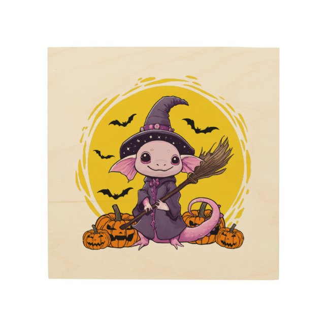 Cute Axolotl Witch Halloween Wood Wall Art (Front)