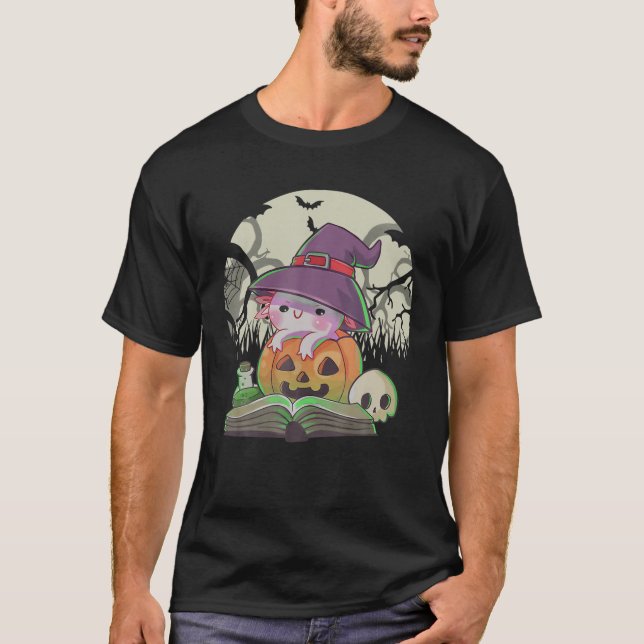 Cute Axolotl Witch Reading Book Pumpkin Halloween T-Shirt (Front)