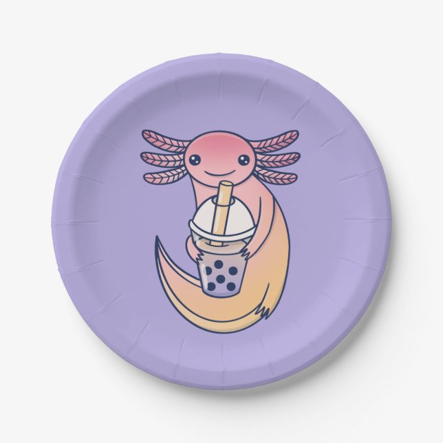 Cute Axolotl with Bubble Tea Paper Plates (Front)