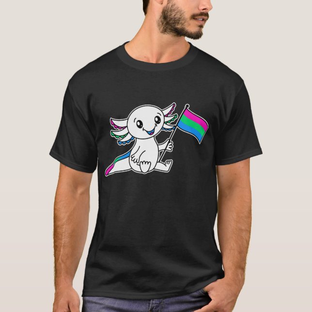 Cute Axolotl with Polysexual Pride Flag LGBTQ+ T-Shirt (Front)