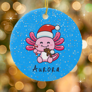 Cute Axolotl with Santa Hat & Candy Cane Christmas Ceramic Ornament