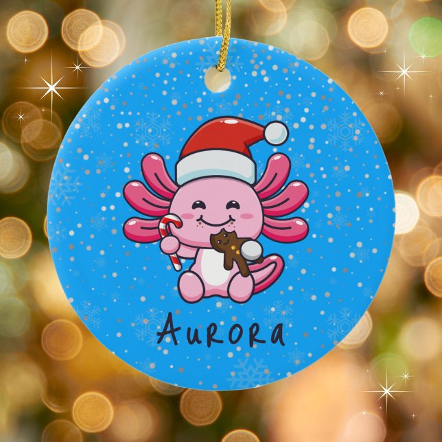 Cute Axolotl with Santa Hat & Candy Cane Christmas Ceramic Ornament (Personalize with a name. Available in assorted ornaments and products.)