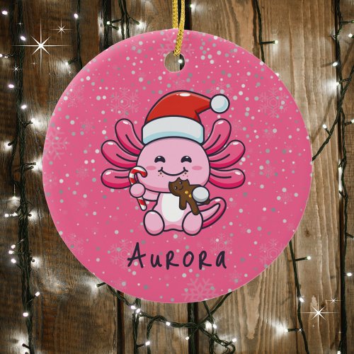 Cute Axolotl with Santa Hat  Candy Cane Christmas Ceramic Ornament