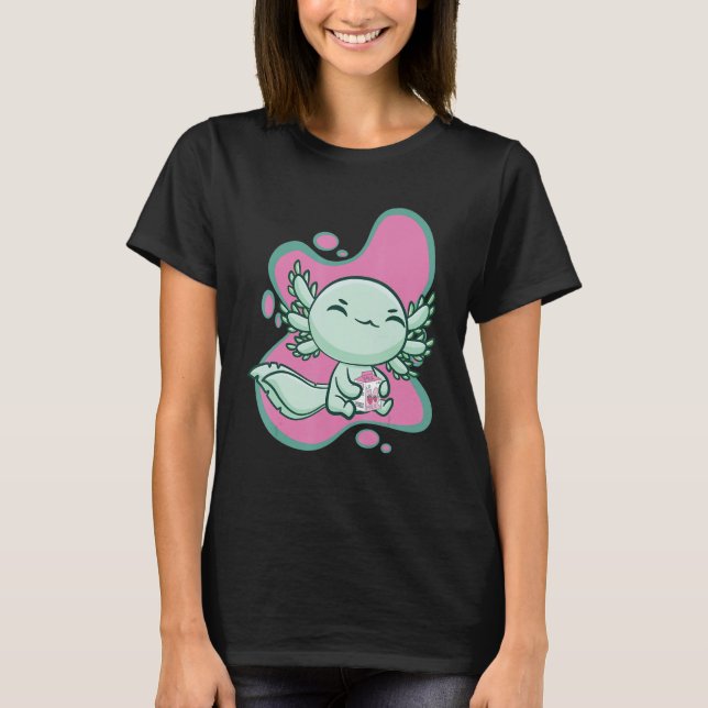 Cute Axolotl With Strawberry Milk And Bubble Tea B T-Shirt (Front)