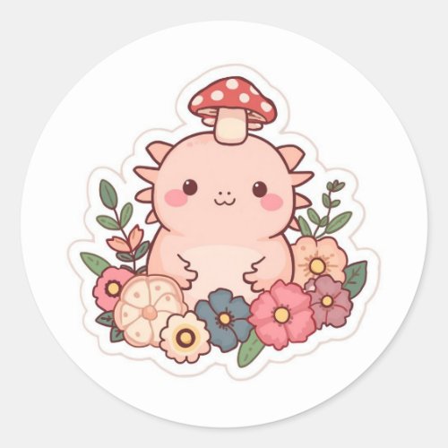 Cute axolotxl mushroom classic round sticker