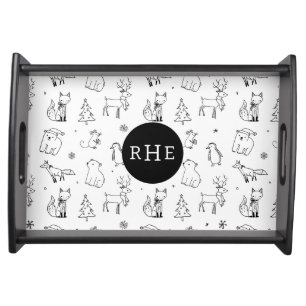 Cute B&W Winter Woodland Animals w Monogram Serving Tray