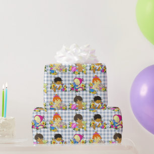 Cute Babies Retro Colorful Blue Plaid  Wrapping Paper