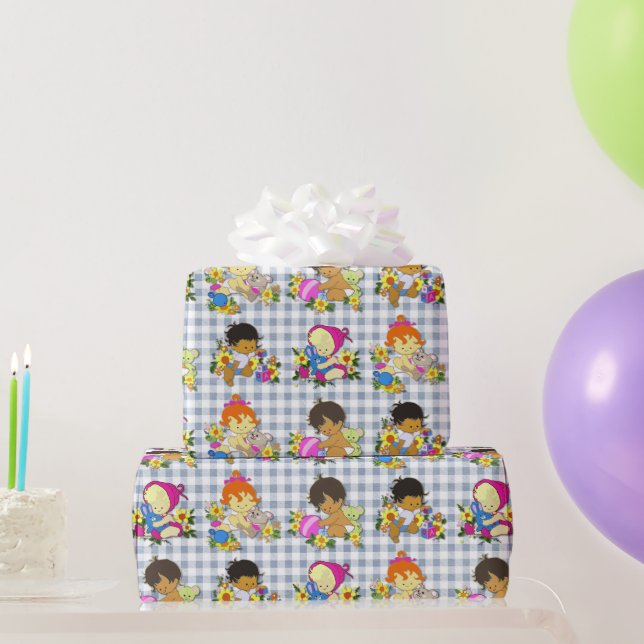 Cute Babies Retro Colorful Blue Plaid  Wrapping Paper (Party Gifts)
