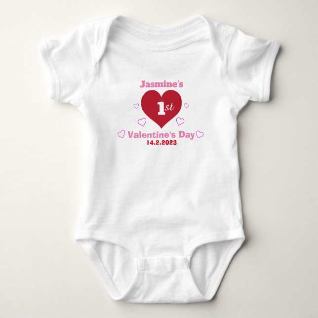 Cute Baby 1st Valentine's Day Personalized White Baby Bodysuit (Front)