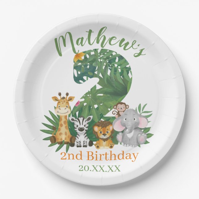  Cute Baby 2nd Second Birthday Jungle Safari Paper Plates (Front)