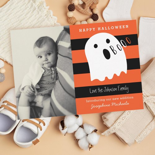 Cute Baby and Ghost Halloween Birth Announcement