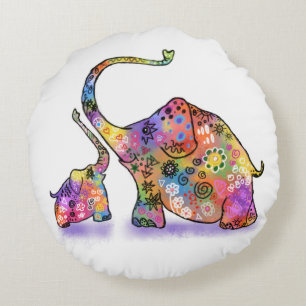 Cute Baby and Mom Elephant Round Pillow