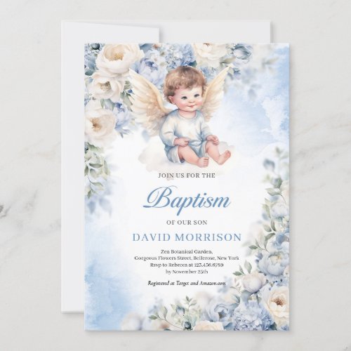 Cute baby angel Dusty Blue ivory Flowers Baptism Invitation