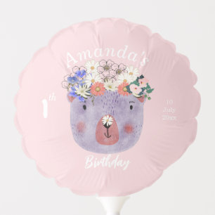 Cute baby animal and flowers birthday girly pink balloon