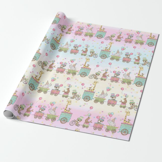 Cute Baby Animal Circus Train Gift Wrap (Unrolled)
