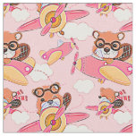 Cute Baby Animal Flying Pink Plane on Pink         Fabric