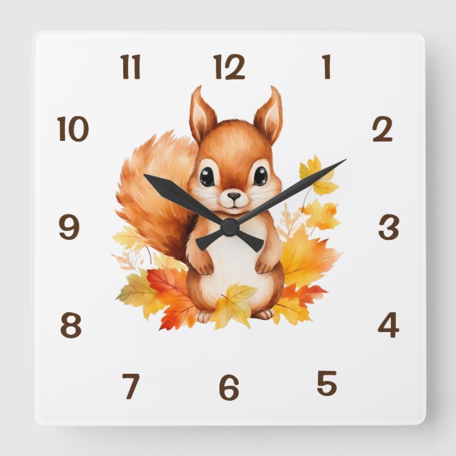 Cute Baby Animal Squirrel Autumn Leaves Square Wall Clock (Front)