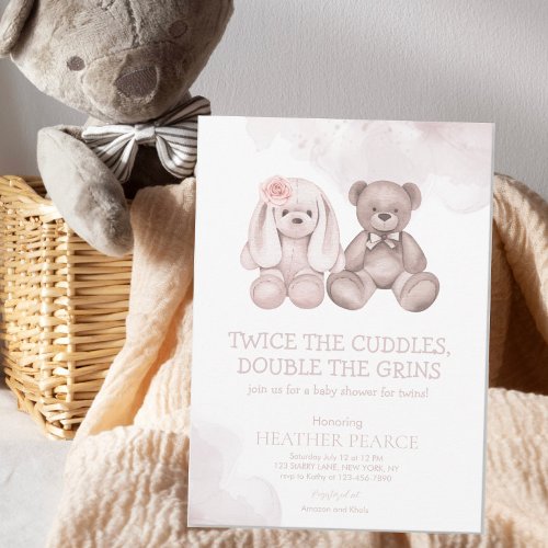 Cute Baby Animal Teddy Bear Boy Girl Twins Shower Invitation