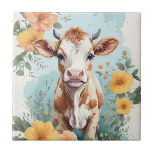 Cute Baby Animals  Adorable Cow Calf Floral Ceramic Tile