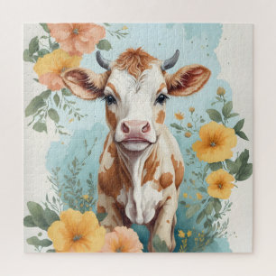 Cute Baby Animals Adorable Cow Calf Floral Jigsaw Puzzle