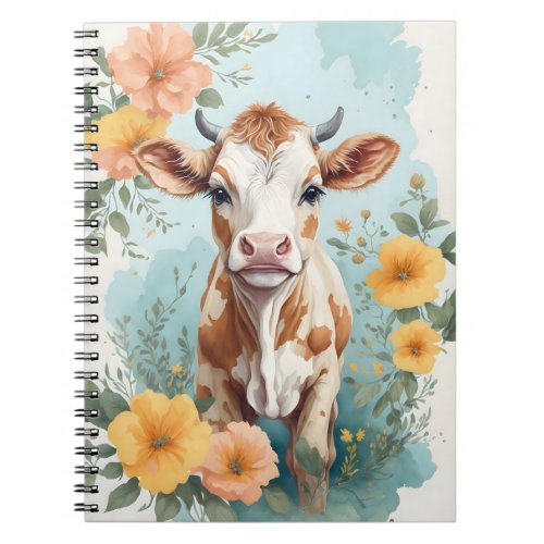 Cute Baby Animals  Adorable Cow Calf Floral Notebook