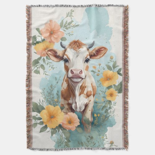 Cute Baby Animals  Adorable Cow Calf Floral Throw Blanket