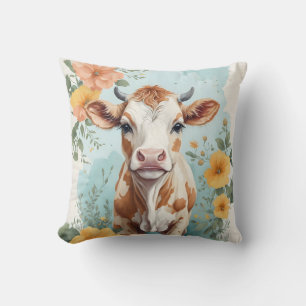 Cute Baby Animals Adorable Cow Calf Floral Throw Pillow