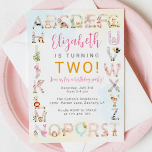 Cute Baby Animals Alphabet Birthday Invitation