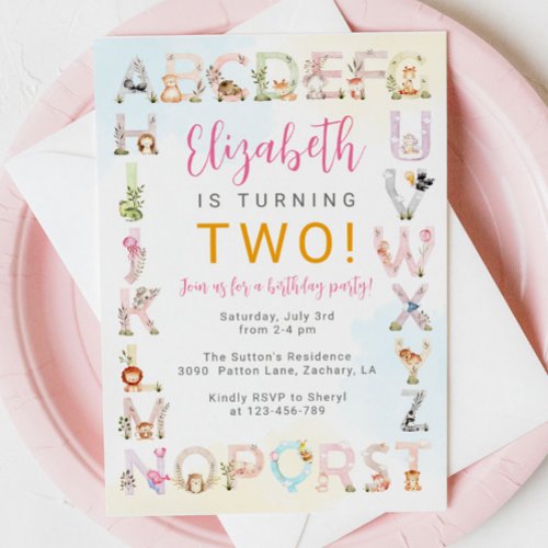 Cute Baby Animals Alphabet Birthday Invitation