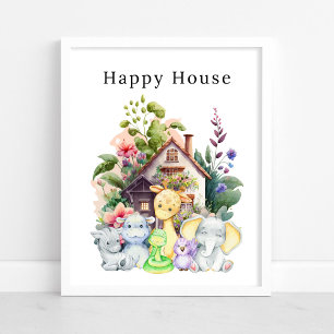 Cute Baby Animals And Their Happy House Poster