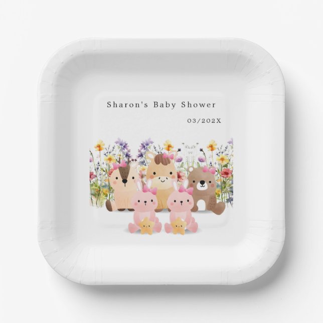 Cute Baby Animals and Wildflower | Baby Shower Paper Plates (Front)