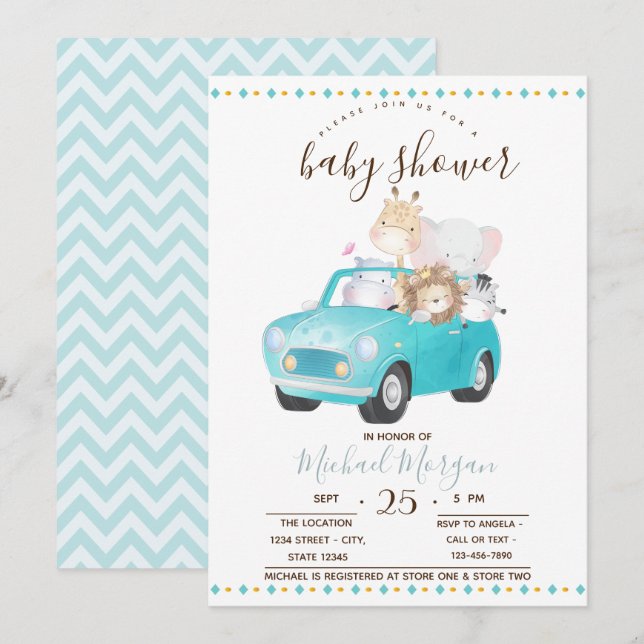Cute Baby Animals Car,Zigzag Baby Shower Invitation (Front/Back)