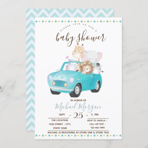 Cute Baby Animals CarZigzag Baby Shower Invitation