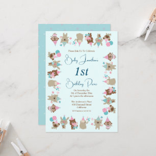 Cute Baby Animals Celebrating 1st Birthday Picnic Invitation
