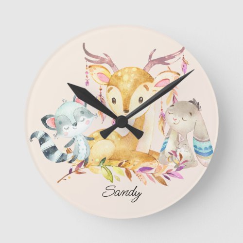 Cute Baby Animals Custom Name Gender Neutral   Round Clock