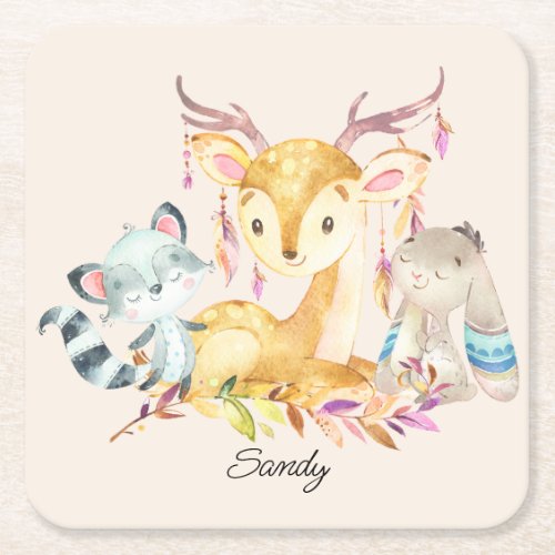 Cute Baby Animals Custom Name Gender Neutral       Square Paper Coaster