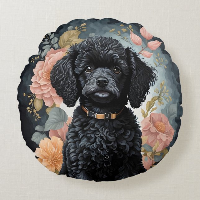 Cute Baby Animals | Cute Black Poodle Puppy Round Pillow (Front)