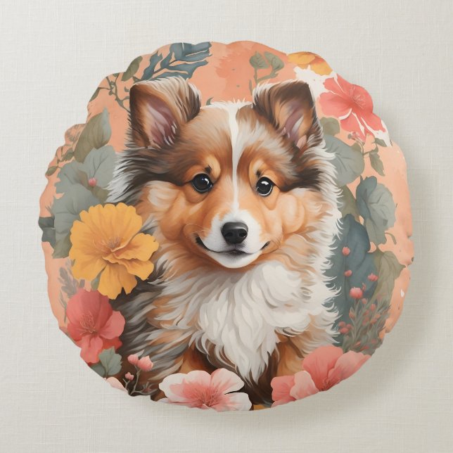 Cute Baby Animals | Cute Shetland Sheepdog Puppy Round Pillow (Front)