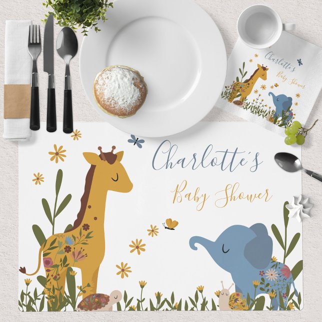 Cute Baby Animals Floral Baby Shower Placemat (Wild Jungle Animals Giraffe Elephant Baby Shower Placemat ©Susanne Sachers - Sunny Mind Design 🌞)