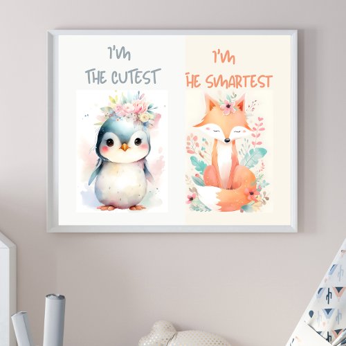 Cute Baby Animals Funny kids nursery Fox Penguin  Poster