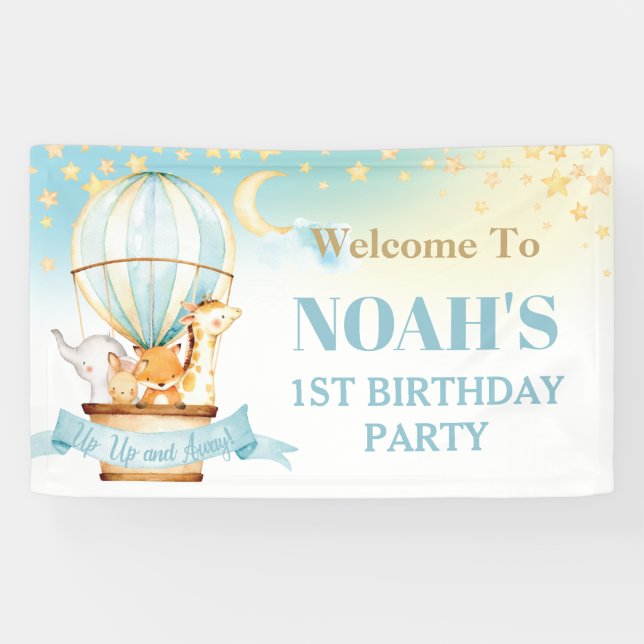 Cute Baby Animals Hot Air Balloon Birthday Welcome Banner (Horizontal)