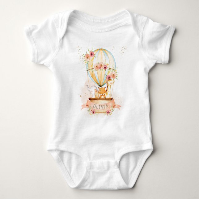 Cute Baby Animals Hot Air Balloon Floral  Baby Bodysuit (Front)